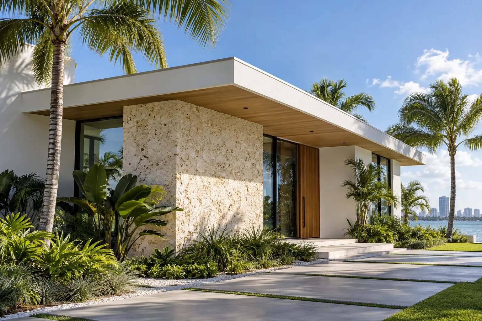Concept image of a low-slope roof on a modern Miami-style home.